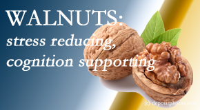 Pure Chiropractic shares a picture of a walnut which is said to be good for the gut and reduce stress.